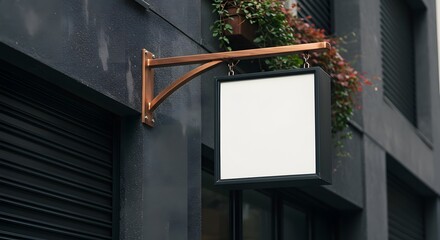 Blank Square Signage Hanging on Building Exterior with Plants.