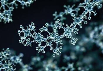 Complex molecular network, teal and light gray spheres connected by lines, dark background