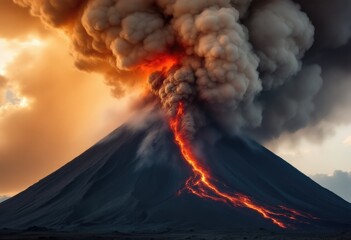 Erupting volcano, fiery lava, dramatic clouds