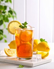 Fototapeta premium Lemon tea with fresh lemon slices, highlighting its health benefits and delicious, tangy flavor. Versatile for food and drink photography, health blogs, or recipe features.