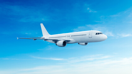 Obraz premium White airplane side view flying in the blue sky background. Modern passenger jet airplane.