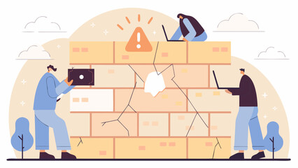 People working on a cracked brick wall with a warning sign and clouds in the background illustration on transparent background silhouette