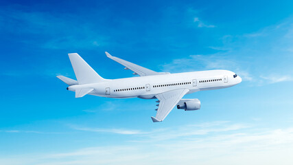 Obraz premium White airplane side view high angle flying in the blue sky background. Modern passenger jet airplane.