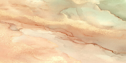 Dreamy pastel watercolor background with gold marbling, soft fluid texture in pink, mint, lavender and peach tones.