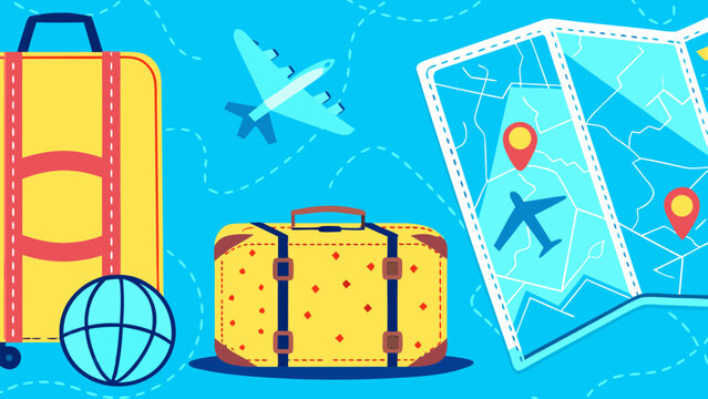 Illustration showing suitcases, a globe, airplane, and a map for a travel theme design on transparent background silhouette