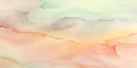 Dreamy pastel watercolor background with gold marbling, soft fluid texture in pink, mint, lavender and peach tones.