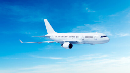 Obraz premium White airplane corner view flying in the blue sky background. Modern passenger jet airplane.