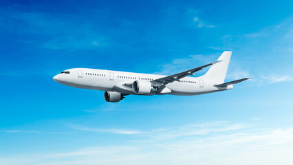 White airplane side view flying in the blue sky background. Modern passenger jet airplane.