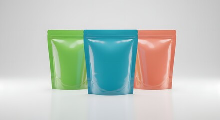 Three colorful blank stand up pouch mockups on a reflective surface.