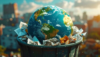 A vibrant globe rests atop a trash bin overflowing with waste, highlighting environmental concerns