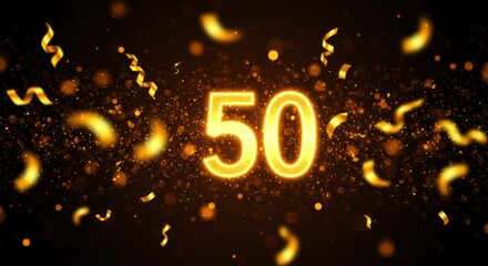 Elegant Golden 50th Anniversary Celebration with Confetti and Bokeh Lights on Black Background