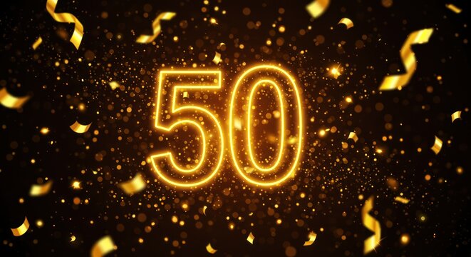Golden 50th Anniversary Celebration Background with Confetti and Glitter