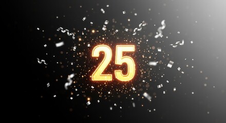 Celebrating 25 Years: Golden Number with Confetti and Sparkles on Dark Background