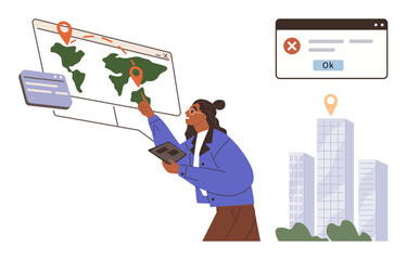 Woman interacting with digital global map on screen using tablet, pinpointing locations. Nearby error message window and city buildings suggest urban navigation. Ideal for travel, technology