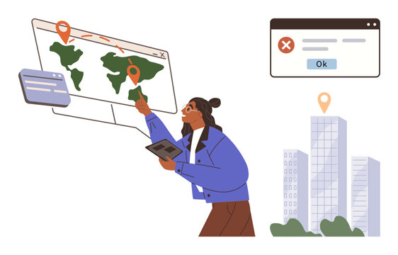 Woman interacting with digital global map on screen using tablet, pinpointing locations. Nearby error message window and city buildings suggest urban navigation. Ideal for travel, technology