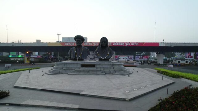 Mumbai Naka Circle with Krantisurya Mahatma Jyotiba Phule Memorial and historical landmark, Nashik, Maharashtra, Drone shot