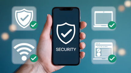 Secure mobile device in hand, displaying security app protection, laptop, browser, wifi, offering safety and assurance against cyber threats