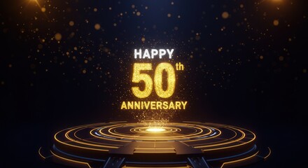 Elegant 50th Anniversary Celebration Design with Golden Text and Sparkling Particles on a Stage