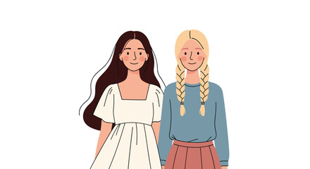 Fototapeta premium Two young women are standing side by side with different hairstyles and clothing.