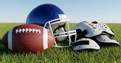 American Football Equipment Helmet Ball Pads on Green Grass Field.