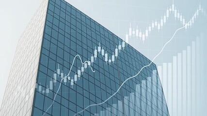 Modern glass building with stock market graph and candlestick chart overlay showing upward trend growth financial data analysis investment trading market trends - Powered by Adobe