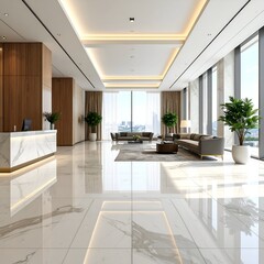 Fototapeta premium Modern hotel lobby with elegant marble floors, stylish furniture, and bright natural light streaming in