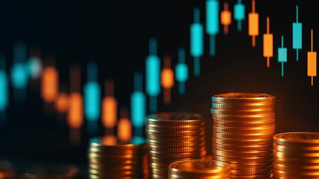 Stacked gold coin pile with glowing stock market chart background showing financial growth, investment, currency, finance, and business concepts in warm and dark light settings