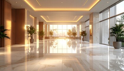 Fototapeta premium Modern lobby interior with marble flooring, large windows, and city skyline view at sunset
