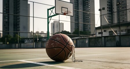 Basketball on an outdoor court with city buildings in the background.