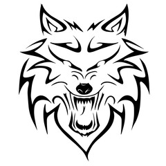 A striking line artist tattoo design showcasing a howling wolf with intricate tribal patterns and symmetrical detailing,