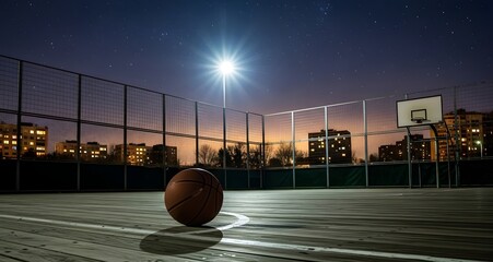Basketball court at night with a ball and hoop under the lights.