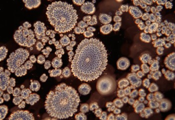 Microscopic view of circular, ornate structures, light beige and muted blue, against dark background