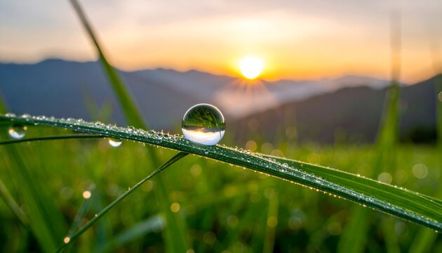 Close-up of a dewdrop on a grass blade reflecting a sunrise over misty mountains in the background
