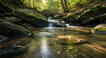 Obraz premium Tranquil Forest Stream with Mossy Rocks and Gentle Cascades