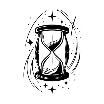 A black and white vector illustration of an hourglass with flowing sand, surrounded by stars and decorative lines,
