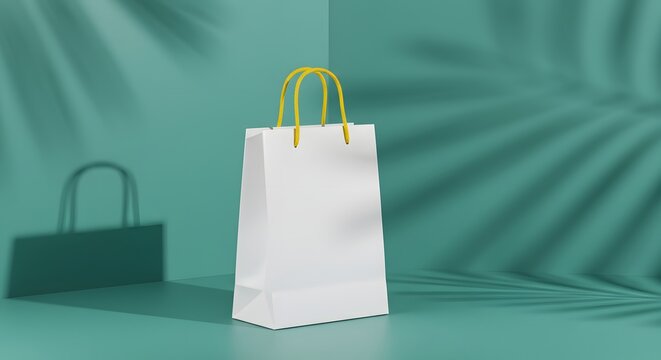 White paper shopping bag mockup with yellow handles on a green background with tropical palm leaf shadows.