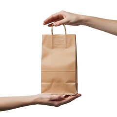 Hands offering a brown paper bag on a white background.