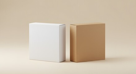 Minimalist studio shot of two simple closed boxes, one white and one brown, placed side by side on a neutral background.