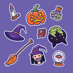Halloween sticker elements set contains candles, magic potions, witch hats, brooms, cauldrons, and pumpkins.