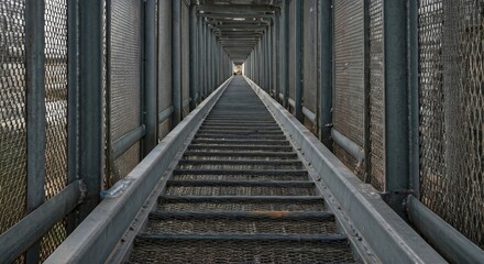 Metal walkway stairs, tunnel-like perspective