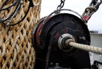 Close-up of a weathered fishing winch with ropes