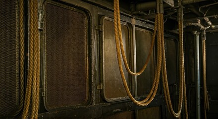 Interior view of a dark, industrial machine compartment with aged metal panels, and ropes hanging