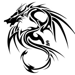 A black and white tribal style dragon vector illustration with flowing details and curved lines,