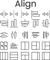 A collection of black and white user interface icons for alignment and distribution tools used in graphic design software.