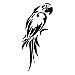 A minimalist black and white vector illustration of a parrot with tribal design aesthetic,