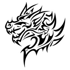 A black and white tribal style vector illustration of a mythical dragon with intricate geometric patterns, bold lines,