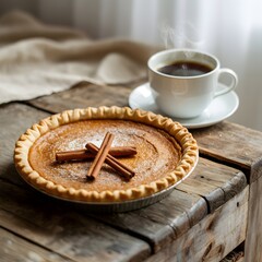 Pumpkin Pie and Coffee on Rustic Wooden Table.