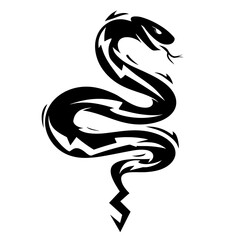 A black and white vector illustration of a stylized snake with bold clean lines and tribal patterns,