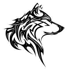 A highly stylized black and white illustration of a wolf's head in profile with intricate tribal patterns,