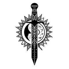 A symmetrical black and white vector illustration of a stylized ceremonial dagger with tribal patterns, sun-like frieze,